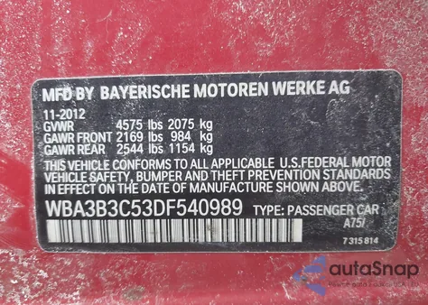 2013 BMW 328I xDrive из США, поврежденный, VIN WBA3B3C53DF540989